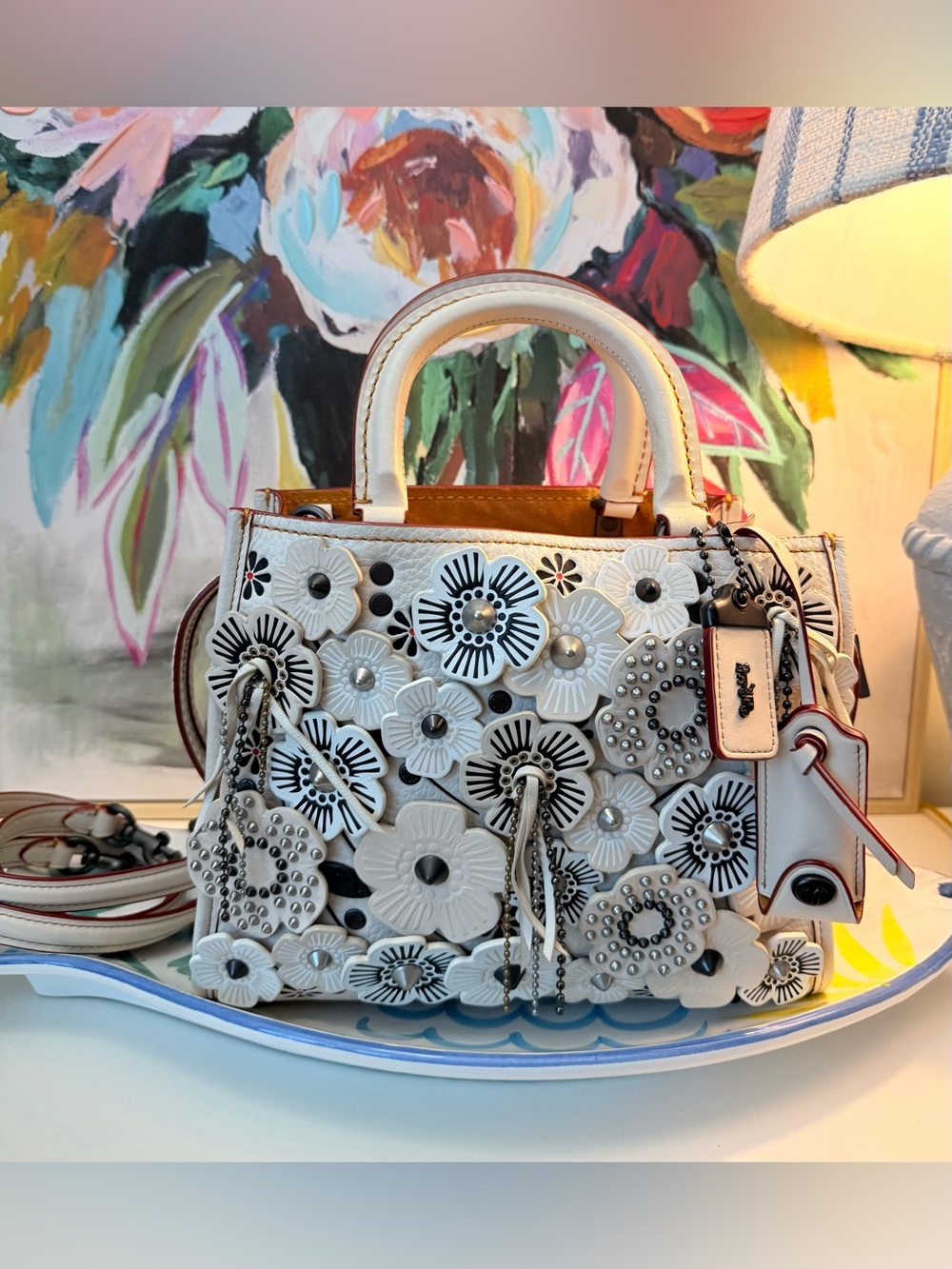Rare Authentic Coach Rogue 25 Handbag Tote Bag Wild Tea Rose Flower Appliqué